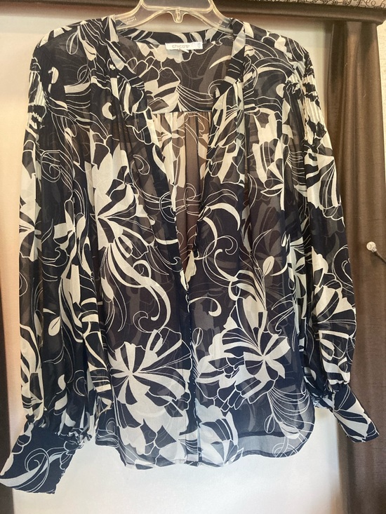 Chico's Tops - Chico's Navy and White Floral Sheer V-Neck - front Button up Blouse